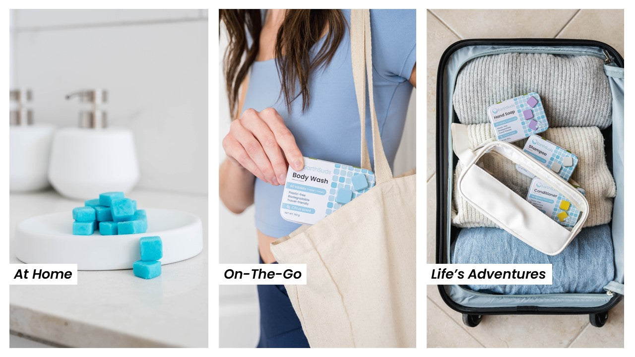 Sustainable shampoo, conditioner, body wash, and hand soap tablets. Eco-friendly shampoo tablets that are convenient for at home, on-the-go, and life's adventures. Plastic-free cases make the travel-friendly shampoo convenient for trips and camping.
