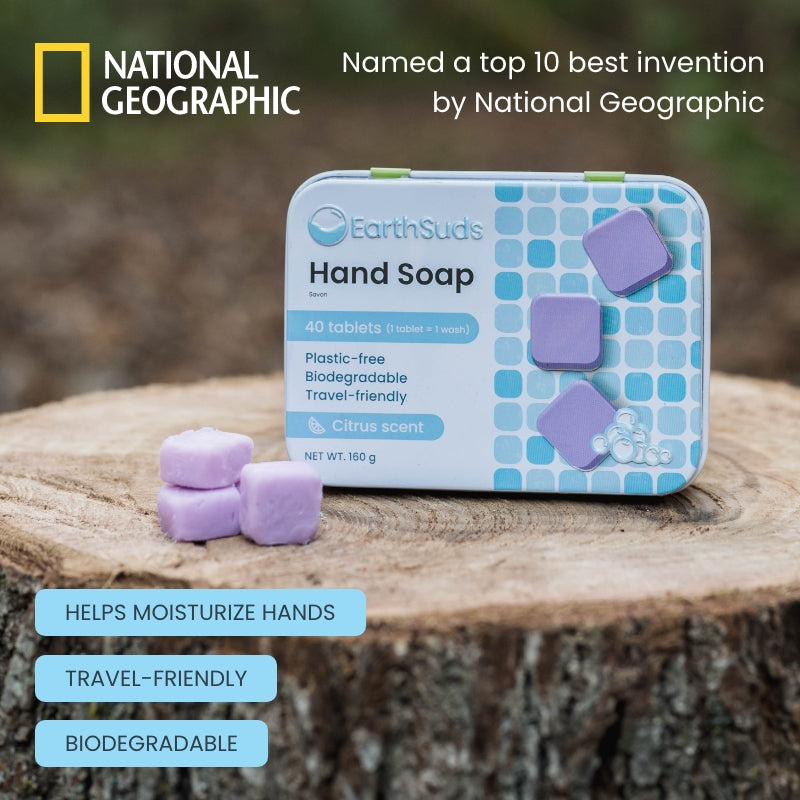Refillable, travel size, travel-friendly tin of hand soap pods, clean and gentle, great for outdoor adventures