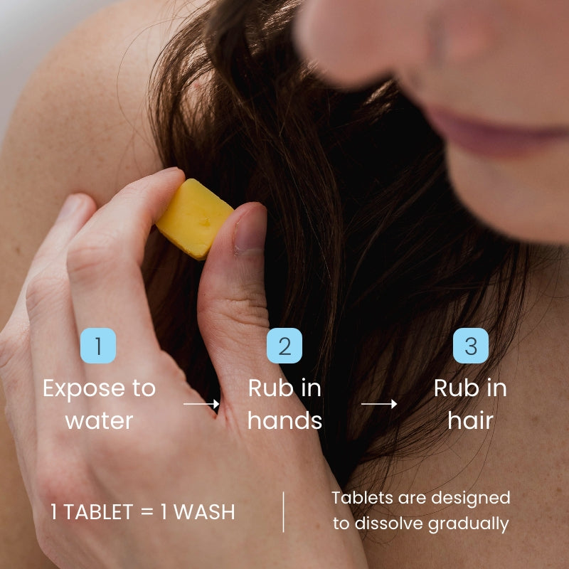 Woman holding eco-friendly conditioner tablet, paraben-free and sulfate-free