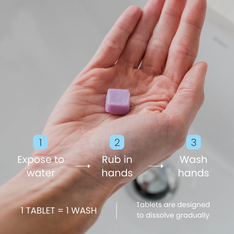 Hand holding eco-friendly, natural hand soap tablet with instructions on handwashing