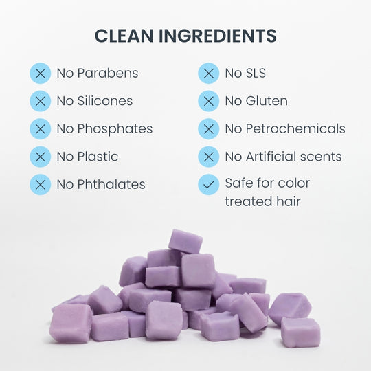 Pile of eco-friendly hand soap tablets with list of clean ingredients that are paraben-free, phosphate-free, silicone-free