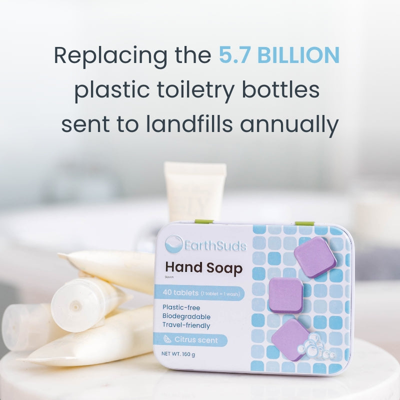 Sustainable, plastic-free, travel-friendly biodegradable hand soap pods in bathroom, good for Airbnb owners