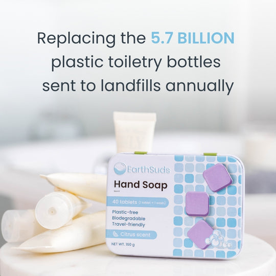 Sustainable, plastic-free, travel-friendly biodegradable hand soap pods in bathroom, good for Airbnb owners