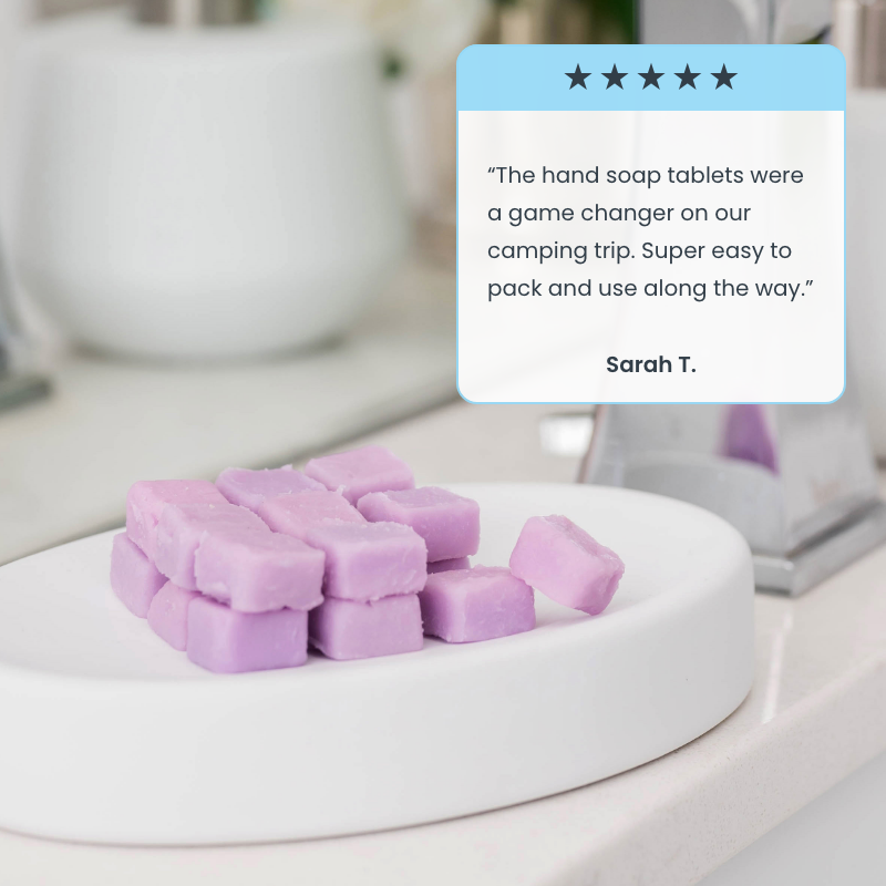 Pile of eco-friendly, plastic-free hand soap tablets, good for Airbnb owners