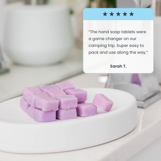Pile of eco-friendly, plastic-free hand soap tablets, good for Airbnb owners
